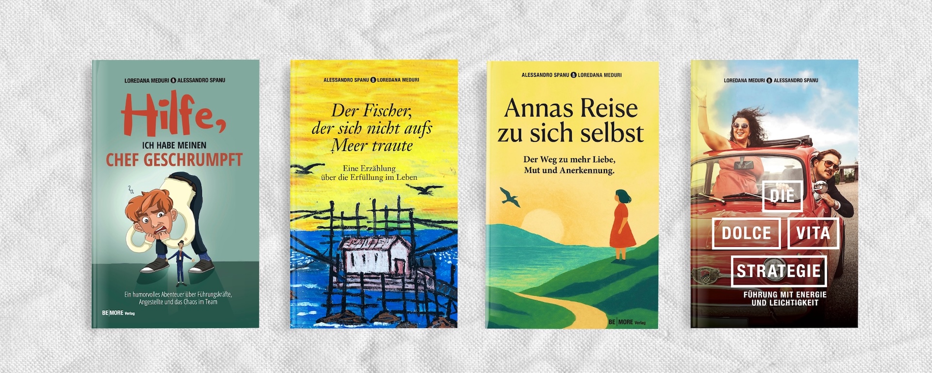 Vier Buchcover, die humorvolle und inspirierende Themen zu Führung, Selbstfindung und Leben darstellen.