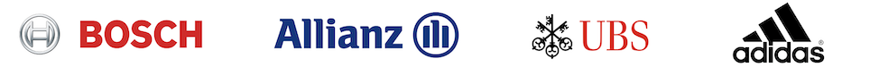 Logos von Bosch, Allianz, UBS und Adidas, die Vielfalt und Partnerschaften zeigen.