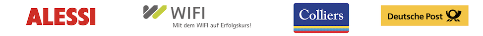 Logos von ALESSI, WIFI, Colliers und Deutsche Post, die Partnerschaften oder Sponsoren darstellen.