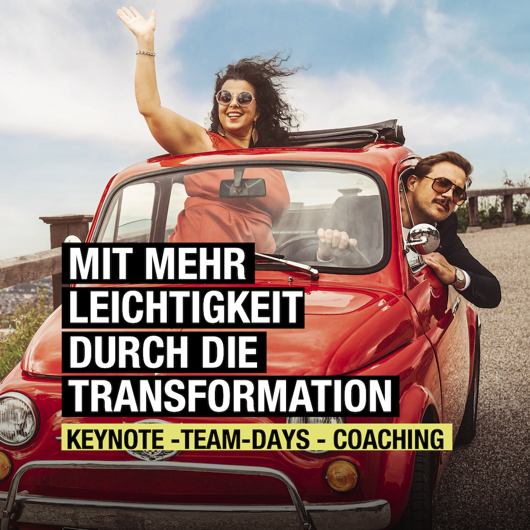 Mit mehr Leichtigkeit durch Transformation: Angebote für Keynotes, Team-Tage und Coaching in einem roten Auto präsentiert.
