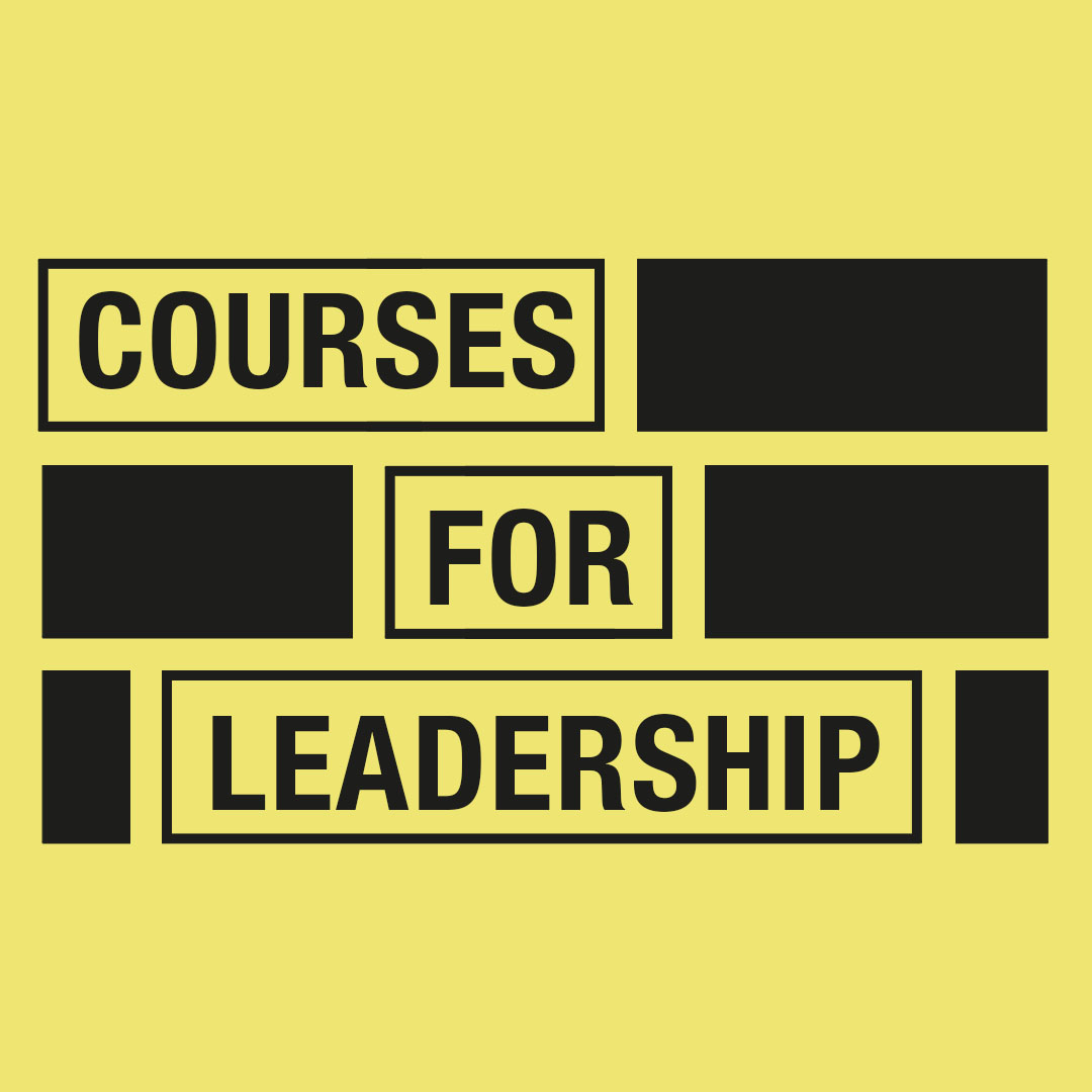 Black text on a yellow background promotes courses focused on developing leadership skills.