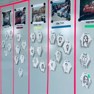 Bacheca con team automobilistici e ritratti disegnati a mano di membri, evidenziando la collaborazione e i progetti di gruppo.