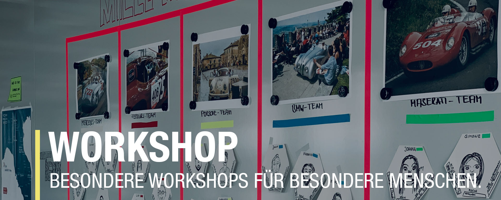 Workshop display featuring car teams with photos and illustrations, promoting special workshops for unique individuals.