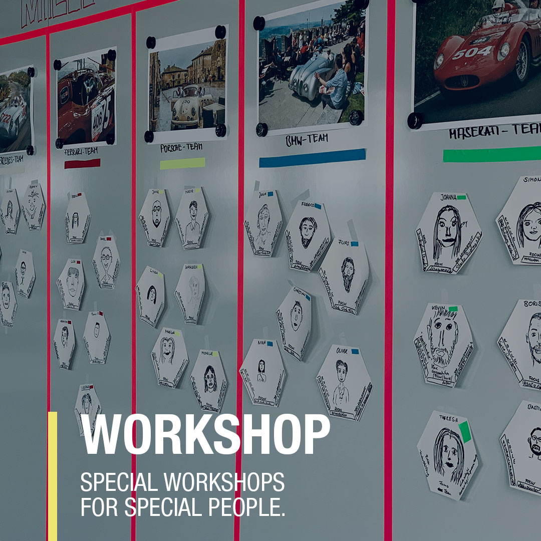 Workshop-Board mit Teams von Mercedes, Ferrari, Porsche, BMW und Maserati sowie Portraits der Teilnehmer.