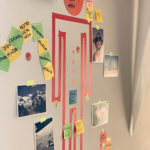 Colorful sticky notes and photos on a wall create a visual mind map exploring personal traits and connections.