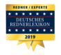 Auszeichnung für Redner / Experten im Deutschen Rednerlexikon 2019 mit Gold- und blauen Sternelementen.